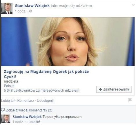 Wpis Stanisław Wziątka o "poparciu" dla Magdaleny Ogórek